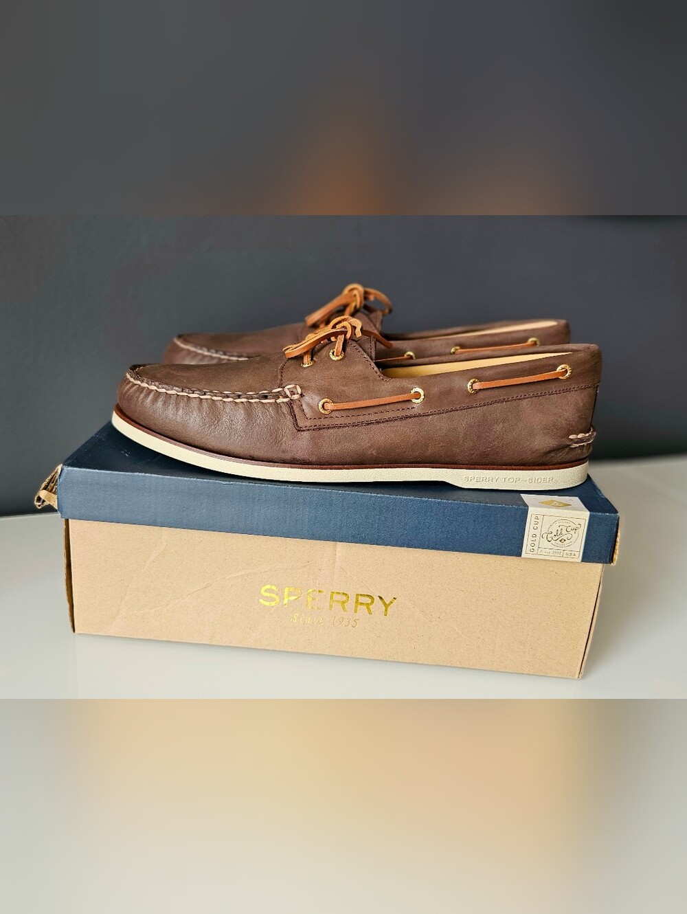 Sperry Brown Leather Moc Toe Boat Shoes with Tan Laces